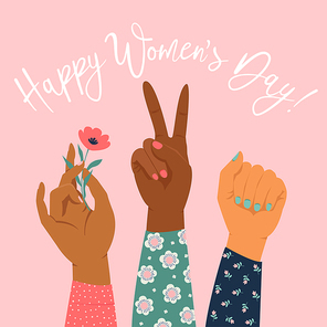 Womens hand with her fist raised up. Girl Power. Feminism concept. Realistic style vector illustration in pink pastel goth colors isolated on white. Sticker, patch graphic design.