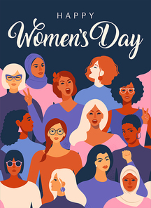 Female diverse faces of different ethnicity poster. Women empowerment movement pattern International womens day graphic in vector.