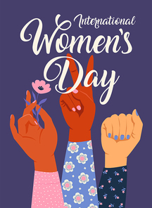 Woman s hand with her fist raised up. Girl Power. Feminism concept. Realistic style vector illustration in pink pastel goth colors isolated on white.