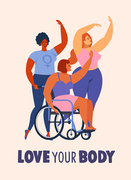 Feminism body positive cards, posters, banners, cover with love to own figure, female freedom, girl power isolated vector illustration.