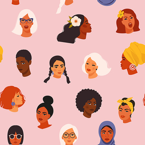 Diverse women face seamless pattern with different culture girl portrait in a hand-drawn style. Women s rights event background concept includes black, Asian, caucasian.