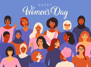 female diverse faces of different ethnicity poster. women empowerment movement . international women s day graphic in vector.