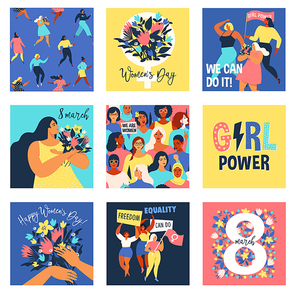 Set of vector illusttation. 8 march International Womens Day. Feminism concept template design.