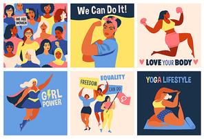International Womens Day. We Can Do It poster. Strong girl. Symbol of female power, woman rights, protest, feminism. Vector colorful banners woman in retro style