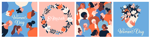 Collection of greeting card or postcard templates with flower bouquet in vase, floral wreath, feminism activists and Happy Womens Day wish. Modern festive vector illustration for 8 March celebration