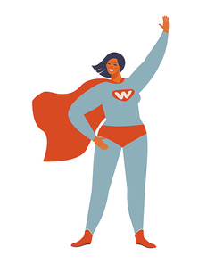 Superhero woman character. Wonderful female hero character in superhero costume with waving cape disguise. female in muscular pose, game figure. Super girl cartoon vector isolated