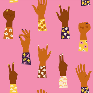 Womans hands with her fist raised up and with various hands gestures. Girl Power Feminism concept. Seamless pattern.