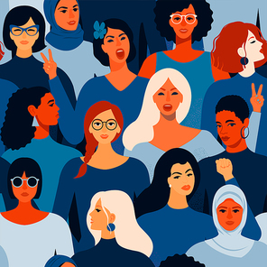 Female diverse faces of different women seamless pattern. Vector seamless pattern