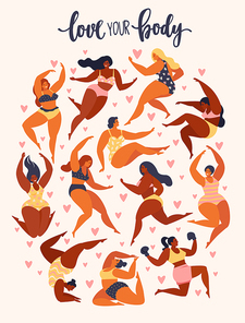 Multiracial women of different height, figure type and size dressed in swimsuits standing in row. Female cartoon characters. Body positive movement and beauty diversity.