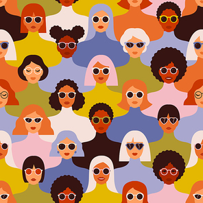 Female diverse faces of different ethnicity seamless pattern. Women empowerment movement pattern. International women s day graphic in vector