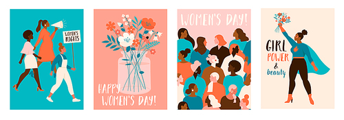 Collection of greeting card or postcard templates with flower bouquet in vase, floral wreath, feminism activists and Happy Womens Day wish. Modern festive vector illustration for 8 March