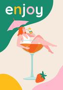 Beautiful girl in the glass of cocktail. Vector poster with cartoon characters in flat style.