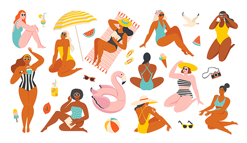 Summer collection. Vector illustration of resting women and objects and fruits issociated with summer holidays and vacation by the sea. Creator scene in a flat style