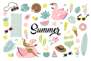 Set of cute summer icons food, drinks, ice cream, fruits, sunglasses, palm leaves and flamingo inflatable swimming pool ring. Summertime collection of scrapbooking elements for beach party.