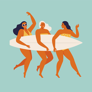Cute funny girls in swimwear surfing in sea or ocean. Happy surfers in beachwear with surfboards isolated on blue background.