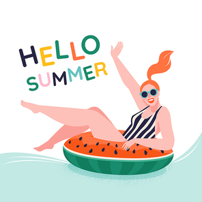 Pool party. Positive young girl sitting on watermelon inflatable ring, ready to swim, white background. Hello summer