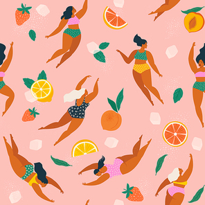Girls in swimsuits diving and swimming in refreshing fruit lemonade with ice cubes seamless pattern