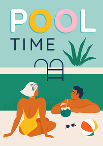 Young couple relaxing by the pool seated, swimming in the pool and umbrella vector illustration poster design