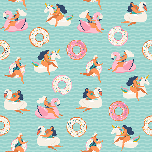 Flamingo, unicorn, swan and sweet donut inflatable swimming pool floats. Vector seamless pattern