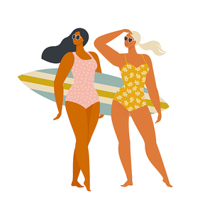Two happy Surfer girls walking with boards on the sandy beach beautiful young women at the beach. Active summer. Healthy Lifestyle. Surfing. Summer Vacation. Flat vector illustration