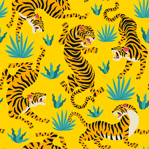 Vector seamless pattern with cute tigers on background. Circus animal show Fashionable fabric design.
