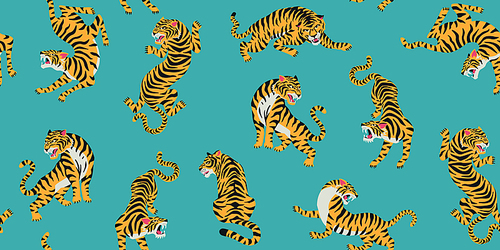 Vector seamless pattern with cute tigers on background. Circus animal show. Fashionable fabric design.