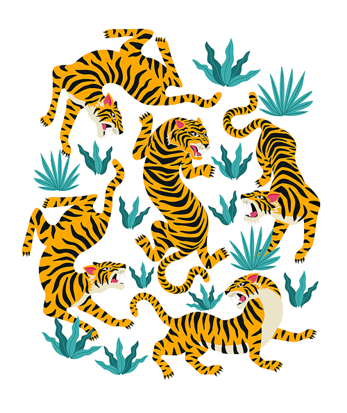 Vector set of tigers and tropical leaves. Trendy illustration