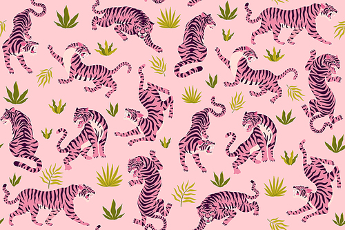 Pink tigers and tropical leaves. Vector seamless pattern with cute tigers on background. Fashionable fabric design