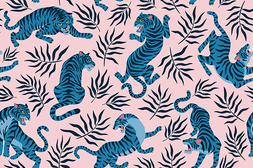 Tigers and tropical leaves. Trendy illustration. Abstract contemporary seamless pattern