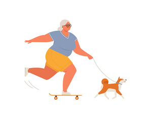 Elderly woman riding skateboard or longboard with dog. Recreational and healthy sport activities for grandmother. Flat cartoon vector illustration