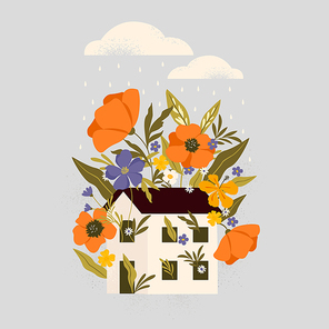 Flowers growing inside a tiny house. HOME SWEET HOME. Lovely house surrounded by bright colors. Print, card, poster, postcard, banner design element