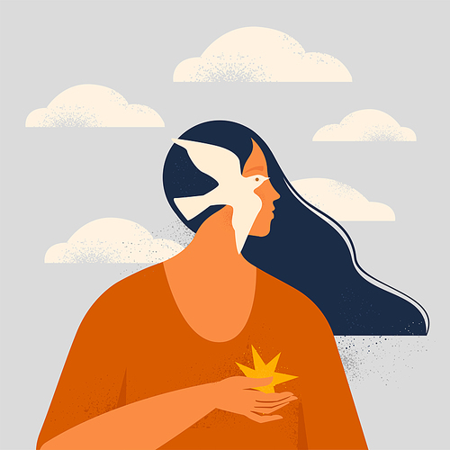 The psychological concept of mental health, manipulation or dependence. The character is a flying bird. An addicted person overcomes fear or addiction. Vector illustration supremacist.