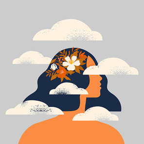 The concept of a step into the unknown future. The head of a man in the clouds. A woman before going to meet fear. Color flat vector illustration