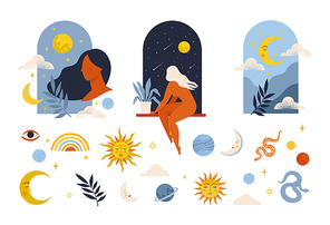 Mystic astrology and woman. Hand drawn magic vintage signs, esoteric cult fairy design. Vector abstract cosmic symbols set.