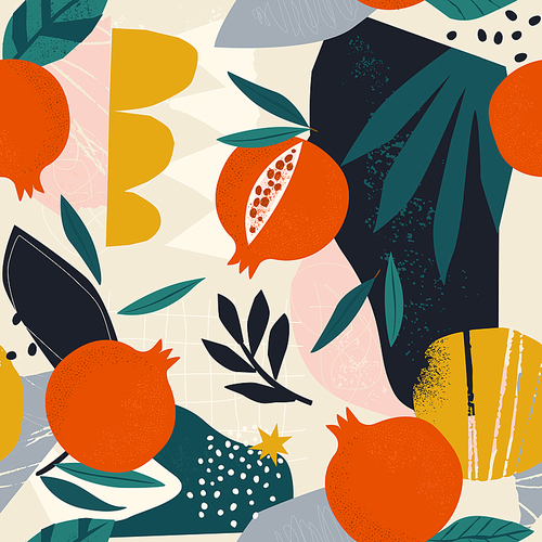 Collage contemporary floral seamless pattern. Modern exotic jungle fruits pomegranate various doodle shapes, spots, drops, and plants illustration vector