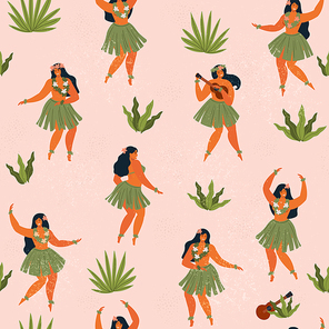 Hawaii dance seamless pattern. Girls playing ukulele and dancing Hula. Summer travel Hawaiian  with cute cartoon characters.