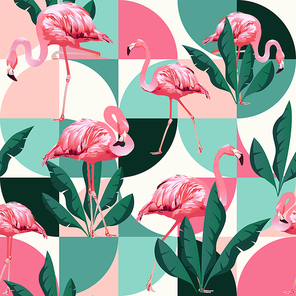 Exotic beach trendy seamless pattern, patchwork illustrated floral vector tropical banana leaves. Jungle pink flamingos Wallpaper  background mosaic.