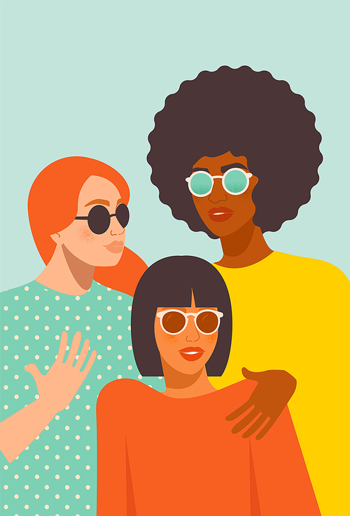 Female diverse faces of different ethnicity. Women empowerment movement. International womens day graphic in vector. Mid Century Modern Art.