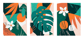 Set of collages contemporary floral. Modern exotic jungle fruits and plants illustration vector.