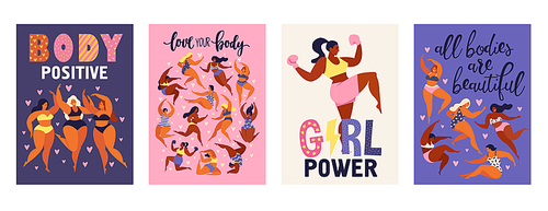 Feminism body positive vertical cards with love to own figure, female freedom girl power isolated vector illustration.