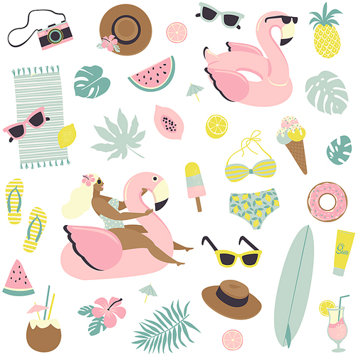 Cute summer seamless pattern fruits, drinks, ice cream, sunglasses, palm leaves and flamingo inflatable swimming pool ring. Vector design for paper, cover, fabric, interior decor.