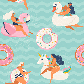 Flamingo, unicorn, swan and sweet donut inflatable swimming pool floats. Vector seamless pattern.