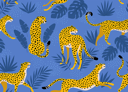 Leopard pattern with tropical leaves. Vector seamless texture