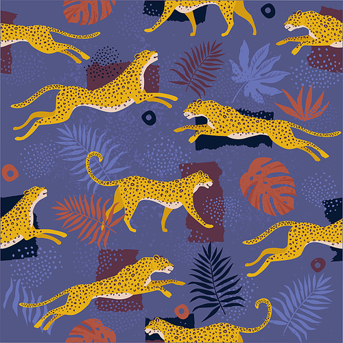Vestor seamless pattern with leopards and tropical leaves Trendy style.