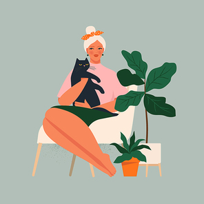 Cute smiling young girl sitting on comfy sofa with cat. Adorable woman spending time at home with her domestic animal. Portrait of happy pet owner. Flat cartoon vector illustration.