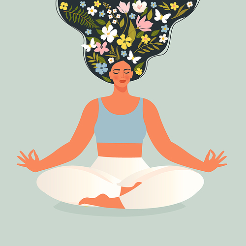 Young woman with flower hair sits in lotus pose of yoga. Free mind concept. Female mental health, blooming brain, positive mind. Girl with head floral wreath. Self care, love, wellbeing.