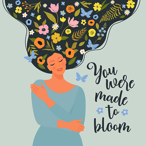 Love yourself, harmony creative concept. Woman with flowers in hair sits closed eyes and hugs herself. Vector illustration