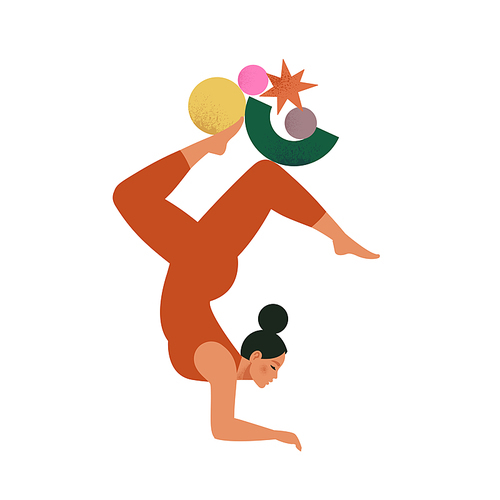 Young beautiful women with geometric shapes. Female mental health, process brain, positive mind. Girl with acrobat balance. Self care, love, wellbeing. Art vector illustration.