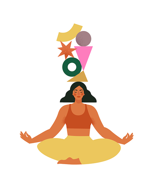 Young beautiful women with geometric shapes. Female mental health, process brain, positive mind. Girl with yoga balance. Self care, love, wellbeing. Art vector illustration.