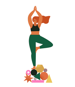 Young beautiful women with geometric shapes. Female mental health, process brain, positive mind. Girl with acrobat balance. Self care, love, wellbeing. Art vector illustration